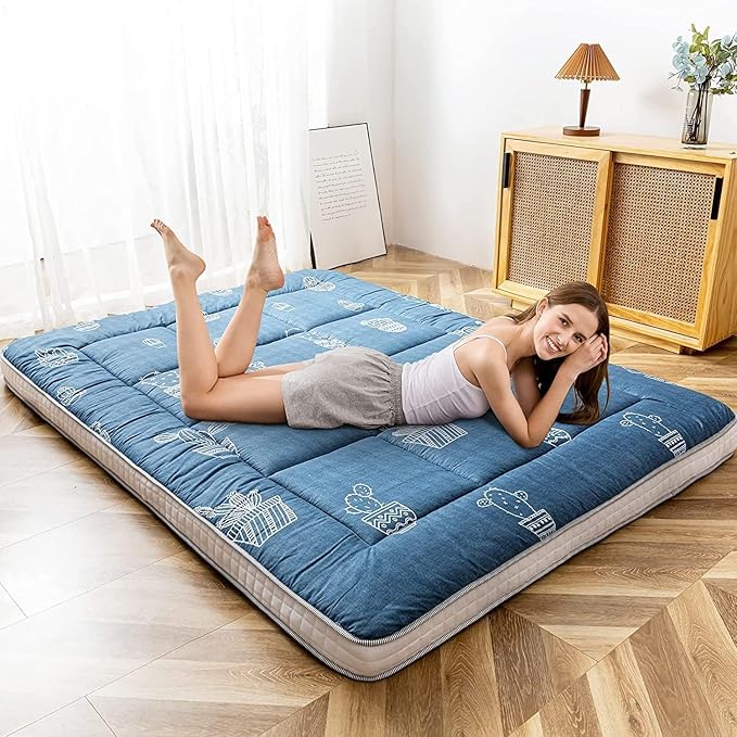 MAXYOYO Grey Cactus Pattern Twin Size Futon Mattress, Quilted Bed Mattress Topper, Extra Thick Folding Sleeping Pad, Breathable Floor Lounger, Guest Bed for Camping, Couch