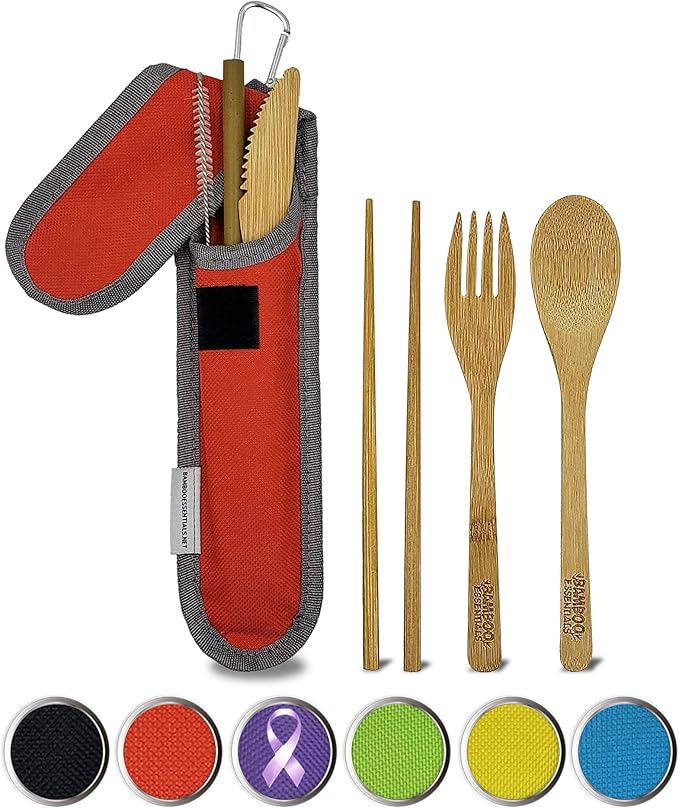 Travel Utensils with Case Set Fork, Knife, Spoon, Chopsticks, Straw, Straw-cleaning brush, Travel Pouch and Carabiner, Excellent For Everyday Use! ((1Set) Sunset Red)