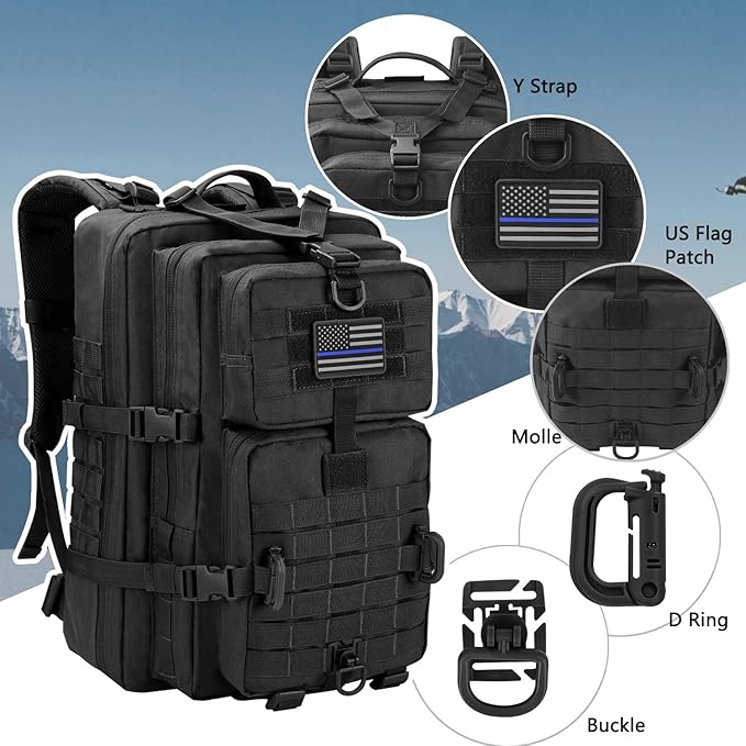 Hannibal Tactical MOLLE Assault Backpack, Tactical Backpack Military Army Camping Rucksack, 3-Day Pack Trip w/USA Flag Patch, D-Rings, Black