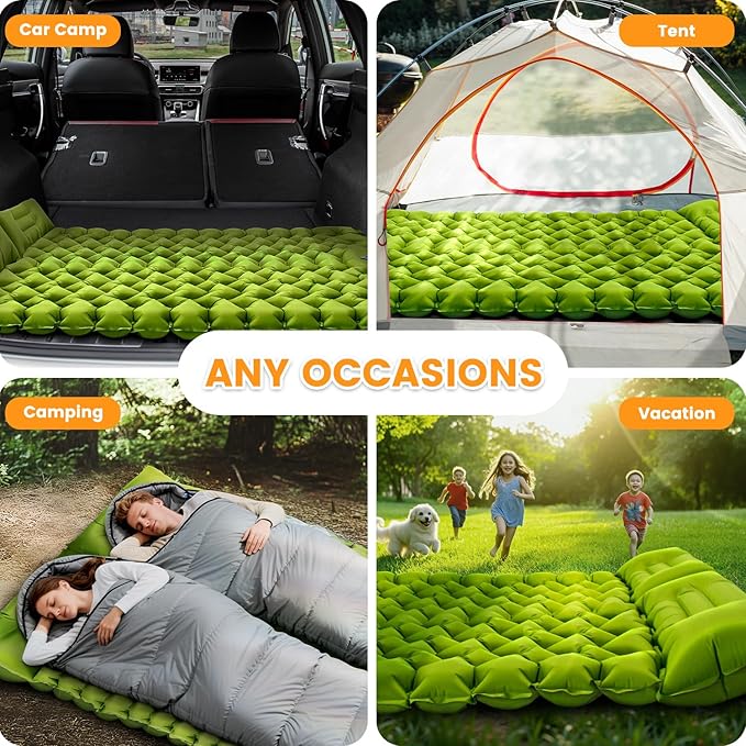 Double Sleeping Pad - Ultralight 4" Camp Mat with Integrated Foot Pump & Pillow for Effortless Camping, Backpacking & Travel, Comfort Camping Essentials