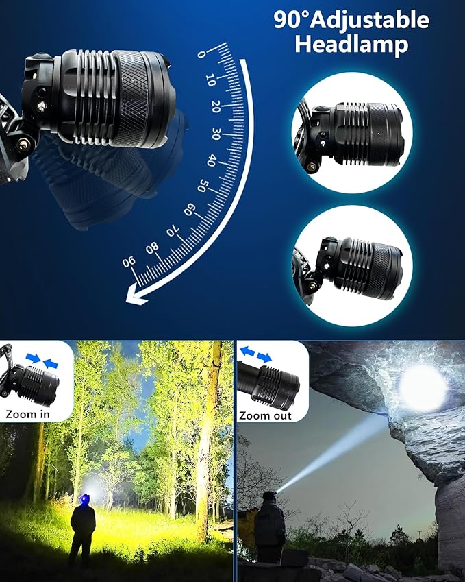 Headlamp Rechargeable -100,000LM Bright LED HeadLamp, 40H Runtime, Waterproof Headlights for Forehead, 3Mode Headlight 90° Adjustable & Zoomable Headlamps for Adults Camping Fishing Hiking