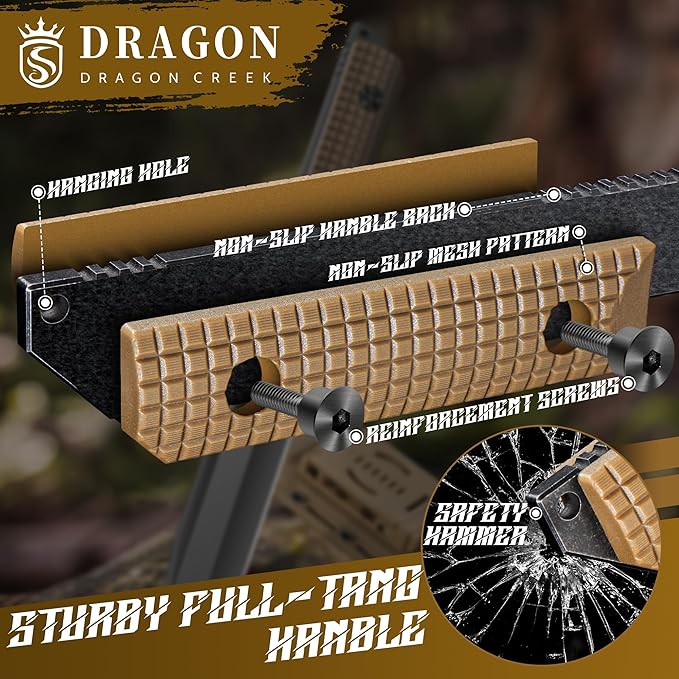 Dragon Creek Tactical Knife Kydex - Outdoor Survival Knife with Sheath D2 Steel Blade G10 Full Tang Handle for Camping Hiking Christmas Thanksgiving Gift Men Brown
