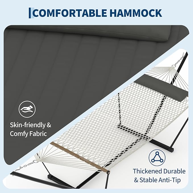 Garvee 2 Person Portable Double Hammock for Outdoor with Pillow, Heavy Duty Portable Hammock with Adjustable Steel Stand for Patio, Garden, Beach, Backyard