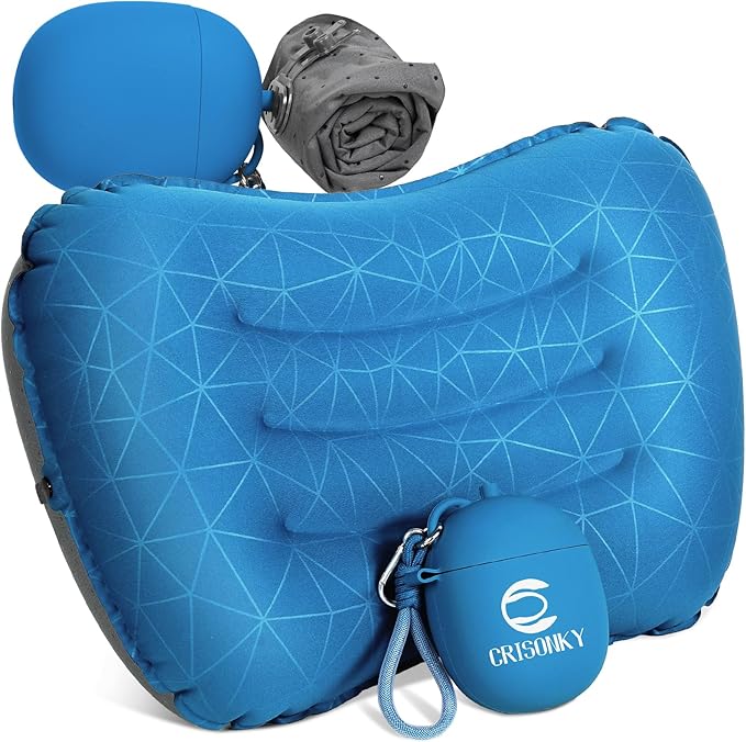 Crisonky Camping Inflatable Pillow with 2-in-1 Silicone Air Pump Storage Bag – Ultralight Travel Pillow for Airplane, Lumbar Support, Dual Valve Easy Inflate, Compressible Ergonomic (Navy Blue)