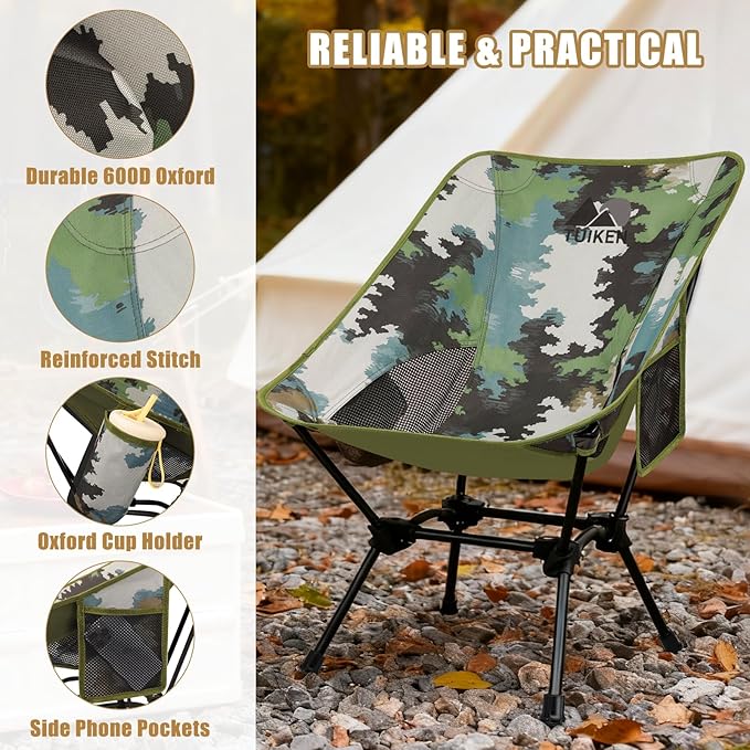 Ultralight Camping Chair Backpacking Chair, Portable Camp Chair with Cup Holder & Storage Bag, Lightweight Compact Folding Chair for Hiking, Travel, Picnic Mountaineering (Camo)