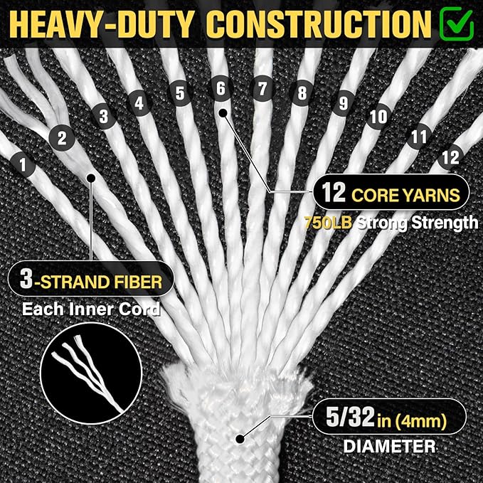 Paracord Rope 750 lb - 200ft 5/32" Parachute Cord 4MM 12-Strand para Cord - Heavy Duty Spool String for Survival,Camping Gear, Survival Bracelet, Clothesline - White