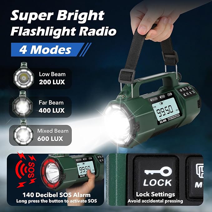 Emergency NOAA Weather Alert Radio FM/AM/SW, Hand Crank Radio Solar Powered with Battery Drawer, USB-C, Flashlight, SOS Alarm, Sleep Timer Clock Alarm for Home/Outdoor Emergencies