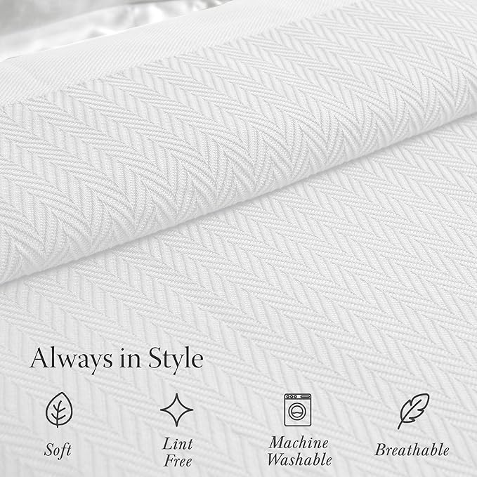 Threadmill Luxury Cotton Blanket for Queen Size Bed | All-Seasons Breathable Oeko TEX 100% Cotton Queen Blanket | Cozy, Soft Fall Thermals fits Full Size Bed, 90x92 inches | White