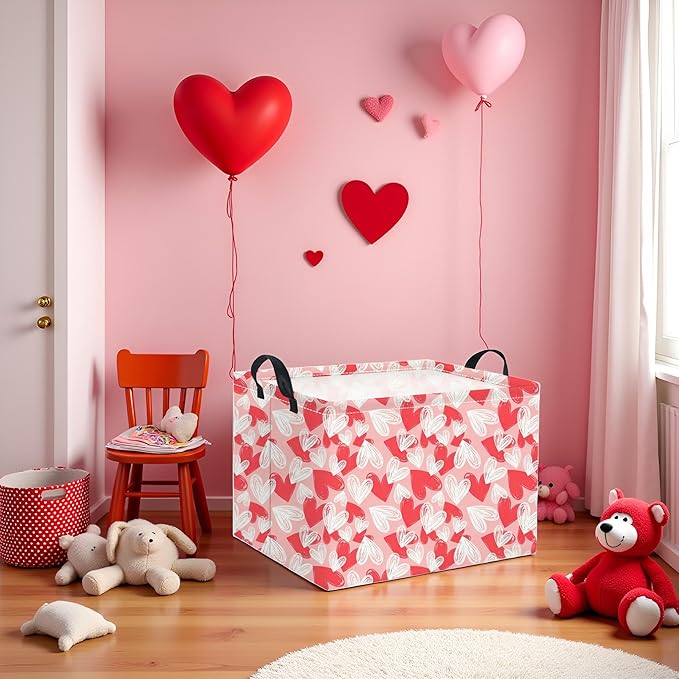 HIYAGON Rectangular Valentines Basket Fabric Storage Bin Storage Boxes Collapsible Storage Basket for Clothes Books Shelves Basket(Pink White Heart)