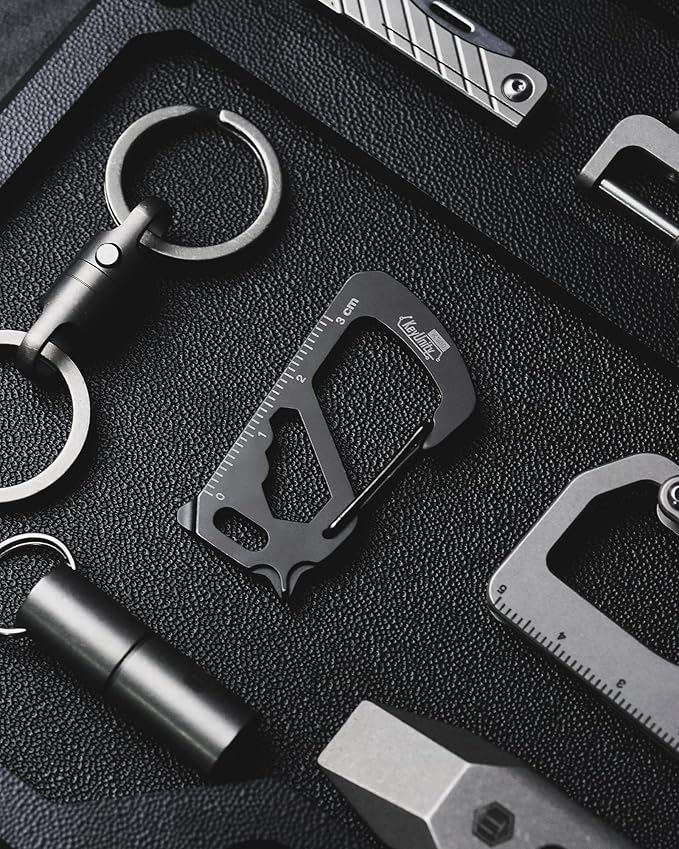 KeyUnity KS00S Carabiner Clip Multitool Stainless Steel 7 Tools in 1, Quick Release Clasp, Wrench, Cross Screwdriver, Slotted Screwdriver, Bottle Opener, Ruler, Key Holder (PVD Black,Small)