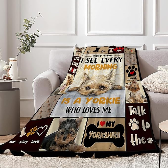 Funny Dog Blanket Soft Warm Cute Kawaii Yorkshire Terrier Dog Plush Throw Blanket Cozy Lightweight Flannel Bedding Decor Fleece Blanket Gifts for Girls Boys Kids Women 60"x80"