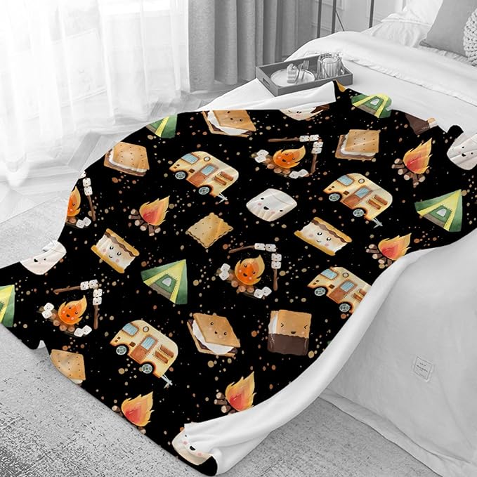 Cute S'Mores Flannel Blanket | Ultra Soft Roasted Marshalows Throw for Couch/Sofa/Travel/Camping | Camping Blanket Gifts for Camper Lover Decor - 50"x60"-Teens/Travel Size