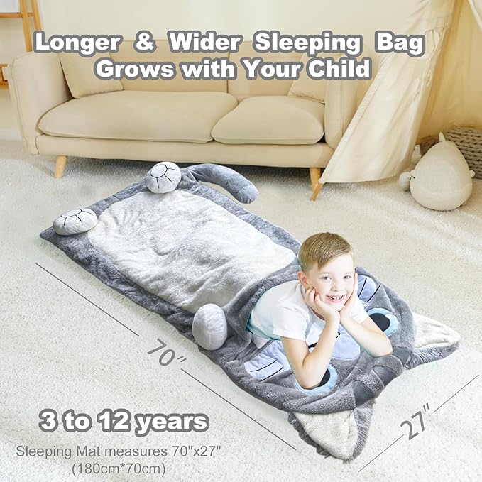 Kid Sleeping Bag with Pillow - Larger Nap Mat - Plush Slumber Bag for Boys Girls Daycare Preschool Kindergarten Birthday Gift Travel Sleepover Ages 3-12 Years