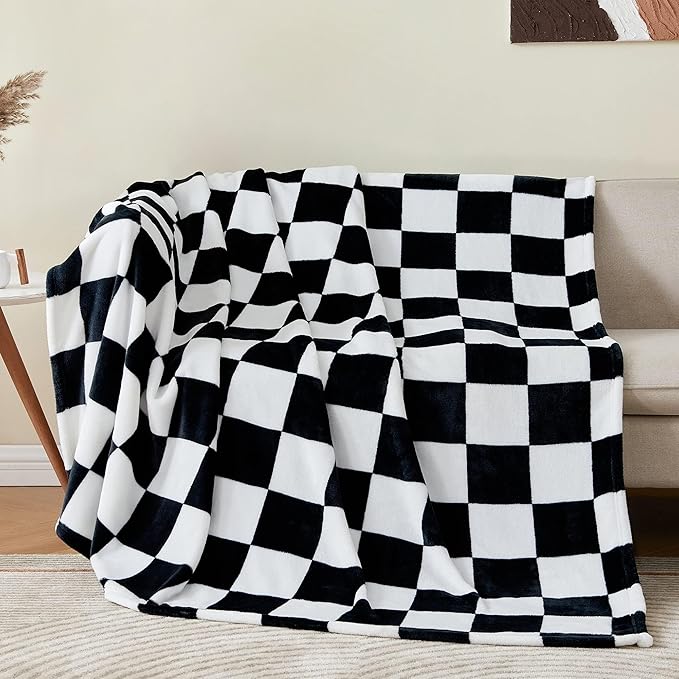 BEDELITE Checkered Twin Blanket for Couch Bed, Soft & Cozy Fleece Flannel Blanket with Checkerboard Grid Home Decor, Checkered Black, 60x80 Inches