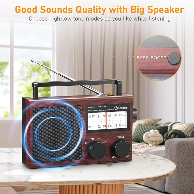 Portable AM/FM Radio with Bass Control, Equipped with a Built-in high-Power Speaker, Headphone Jack, and AUX Audio Input, Supports Battery or AC Power Operation (Red Oak Wood Grain)