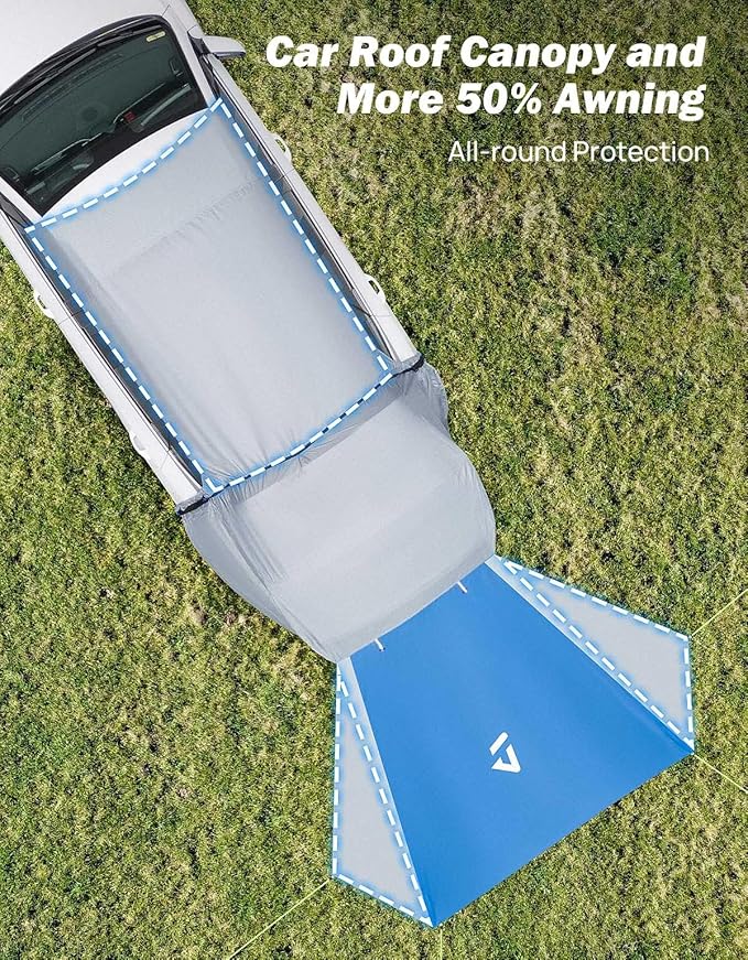 JOYTUTUS SUV Tailgate Tent with Three Sides Awning and Poles, Water Resistant SUV Camping Tent with Car Roof Cover, Car Camping Universal Fit Most SUVs, Cars, Grey Blue