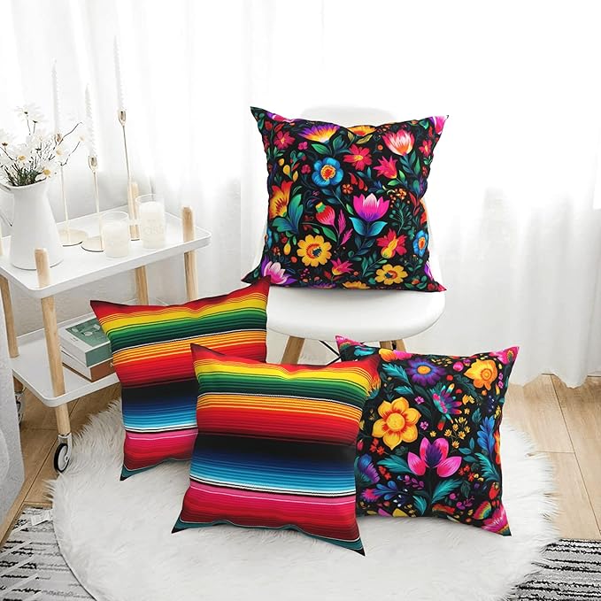Mexico Flowers Throw Pillow Covers 18 X 18 Inch Set of 4 Decorative Cushion Cover Home Decor for Sofa Chair Couch Bedroom Living Room