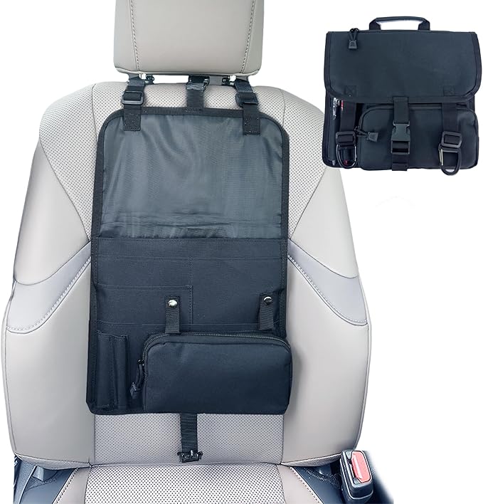 Black Car Seat Organizer, Multi-Pocket Storage, Headrest Hooks Mount, Vehicle Backseat Organizer,with a detachable small storage bag.