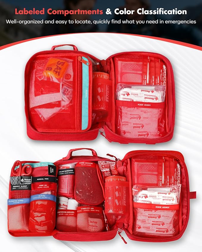 Senvok Large First Aid Kit for Car, Home & Travel - Emergency Survival Kit with Zip Stitch Wound Closure and Molle Pack Pockets - Ideal for Camping, Hiking, Outdoor Adventures