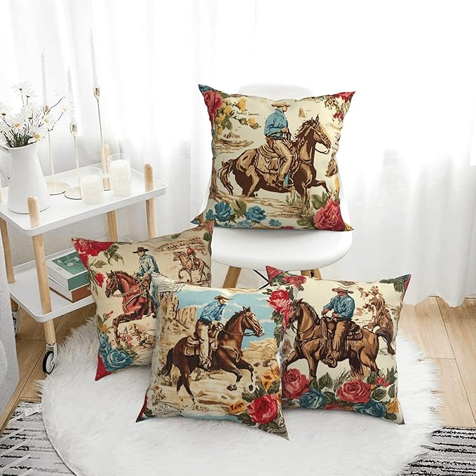 Western Horse Throw Pillow Covers 18 X 18 Inch Set of 4 Decorative Cushion Cover Home Decor for Sofa Chair Couch Bedroom Living Room