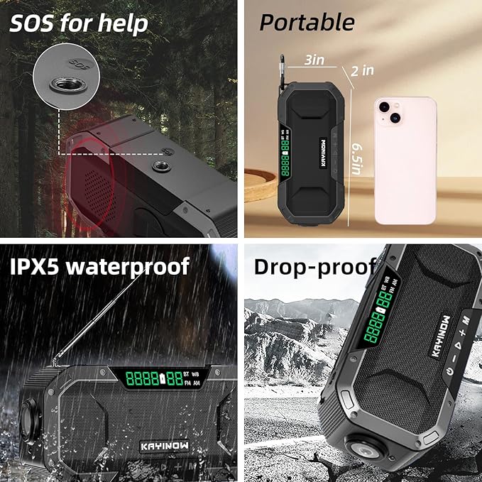 Solar Hand Crank Emergency Radio with Waterproof,Portable AM FM NOAA Weather Radio, Rechargeable 5000mAh/18500mWh Battery Power, Wind Up Flashlight Phone Charger, SOS,Survival Storm Hurricane