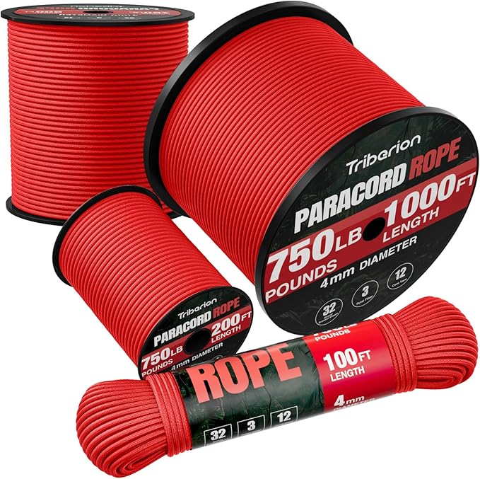 Paracord Rope 750 lb - 1000ft 5/32" Parachute Cord 4MM 12-Strand para Cord - Heavy Duty Spool String for Survival,Camping Gear, Survival Bracelet, Clothesline - Red