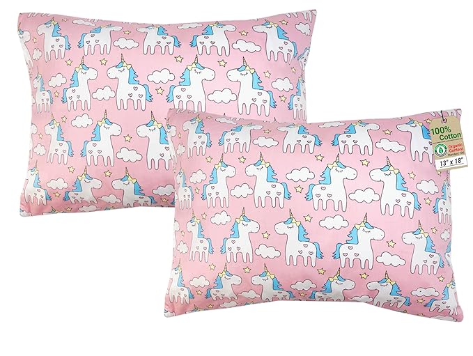 ZPECC Toddler Pillow with Pillowcase 2 Pack - 13x18 Organic Cotton Hypoallergenic Kids Pillow, Baby Essentials for Travel Crib Daycare Stroller (Intended for Age 2 and up) Pink Unicorn
