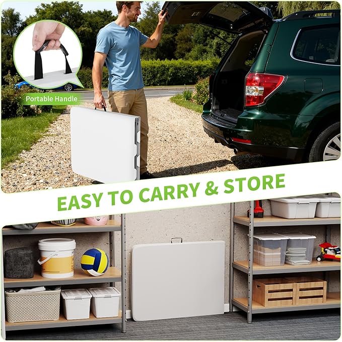 BestOffice 6 FT Picnic Table, Portable Plastic Folding Table with Carrying Handle Perfect for Picnics, Parties, Party and Camping, White