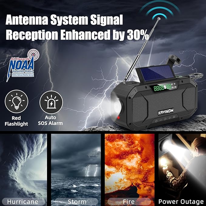 Weather Radio with AM/FM/NOAA,Bluetooth,Hand Crank Emergency Radio,5000mAh Battery Power,IPX5 Waterproof,Portable and Shock-Resistant,Flashlight and SOS for Home Outage Storm Emergencies