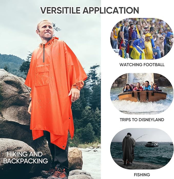 PTEROMY 3-in-1 Hooded Rain Poncho for Adult with Pocket, Waterproof Lightweight Unisex Raincoat for Hiking Camping Emergency
