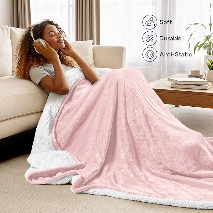 Utopia Bedding Sherpa Blanket Queen Size (Pink, 90x90 Inches) - Soft Lightweight Plush Fleece Reversible Blanket for Bed, Sofa, Couch, Camping and Travel
