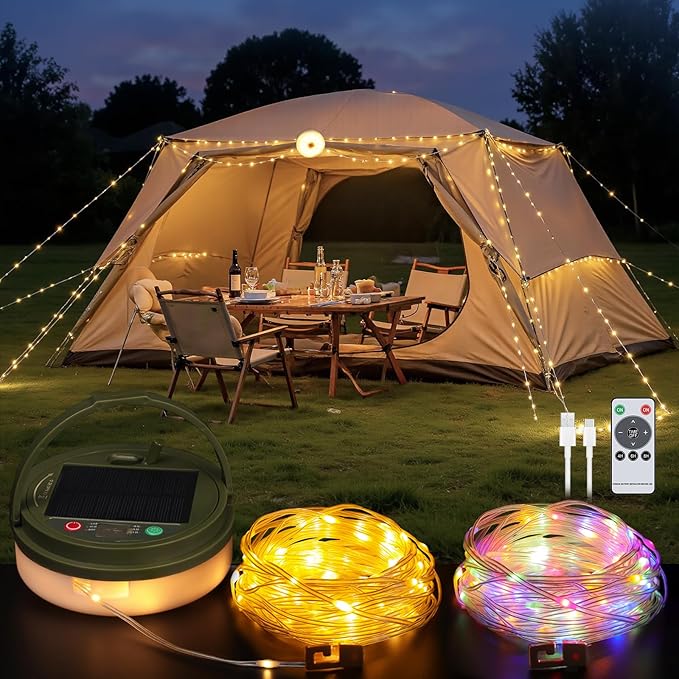Solar Camping String Lights with 100 LEDs, 33 FT Outdoor Fairy String Lights with 13 Lighting Modes & Timer, Waterproof & Rechargeable, Camping Gear for Tent, Yard, Garden, Hiking, Travel Decor