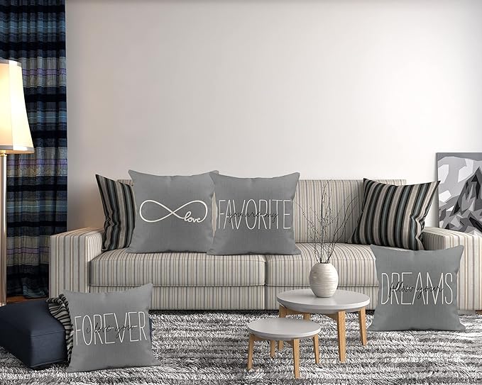 Set of 4 Linen Throw Pillow Covers Cases Rustic Gray Love You are My Favorite Partner I Love You Forever Follow Pillow Cover Case Home Decor Square 20x20 inches Pillowcases