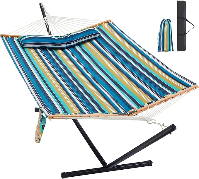 Homgava Two Person Hammock with Stand for Outside Heavy Duty, Outdoor Patio Hammock with Portable Steel Stand, Large Double Hammocks,480lbs Capacity.(Middle Blue Stripes)