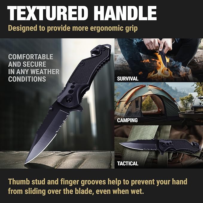 GOOD WORKER Legal Pocket Knife with 2.95” Serrated Blade, Glass Breaker, Seat Belt Cutter - EDC Sharp Folding Knives with Portable Clip - Small Tool for Tactical Camping Survival Hiking - Gifts for Men, Women