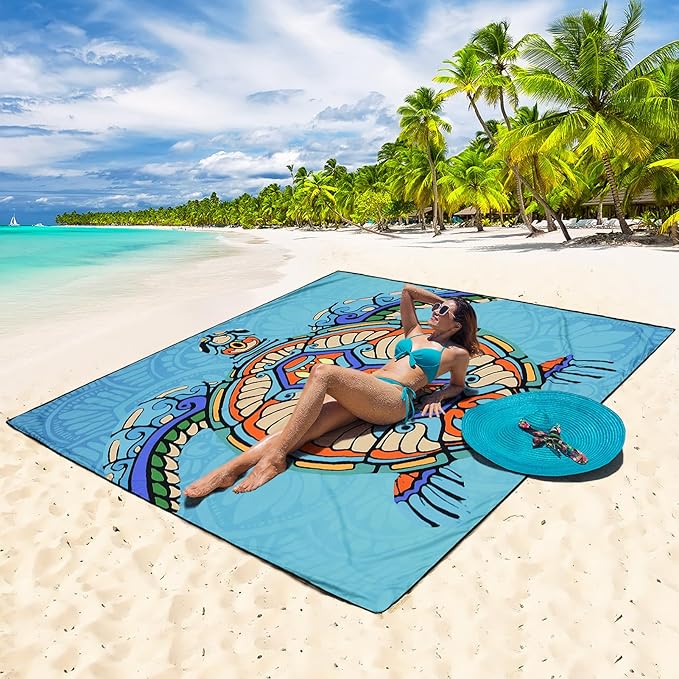 HIHOHO Beach Blanket Waterproof Sandproof Beach Mat 79”x 83” for 1-8 Adults Quick Drying Durable Outdoor Picnic Mat for Beach Festival Travel Camping Hiking (Mandarin Seaturtle, 79"×83"(4 Person))