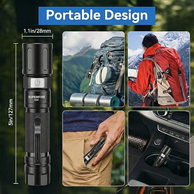 SuperFire 1000 Lumens Tactical Flashlight, Super Bright LED Rechargeable, Zoomable with Long Battery Life, 4 Light Modes Pocket Flashlight for Home, Mechanic, Camping, Emergency, Survival