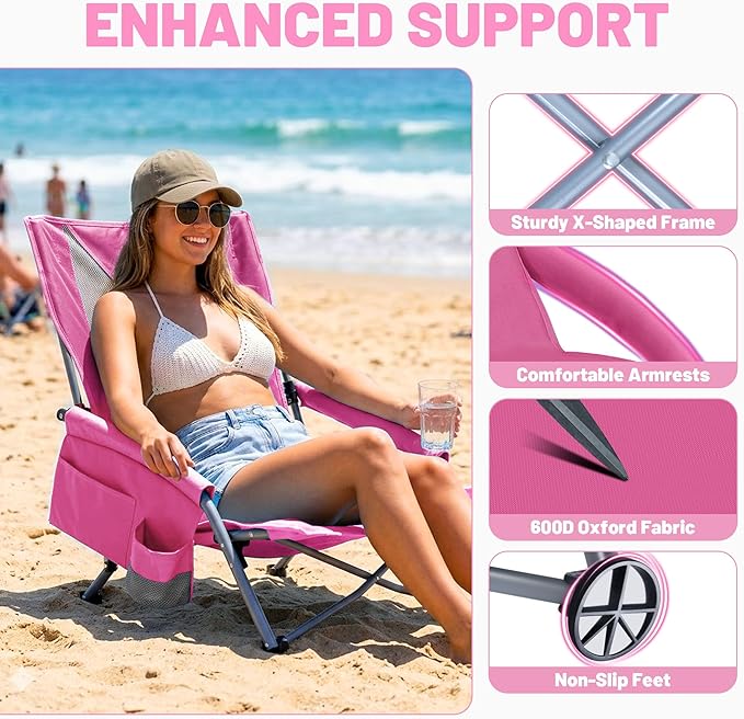 Youtanic Portable Beach Chair 2-Pack, 400 lbs Folding Camping Chair, Lightweight Low Profile Lawn Chair with Wide Seat, Cup Holder & Padded Armrests for Outdoor, Travel, Sand, Pink
