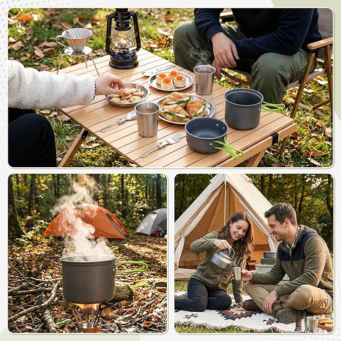 18 Pcs Camping Cookware Mess Kit, Lightweight Pot Pan Mini Stove 2 Set Stainless Steel Cups Plates Forks Knives Spoons Backpacking Cooking Set for Camping, Hiking, Backpacking and Picnic