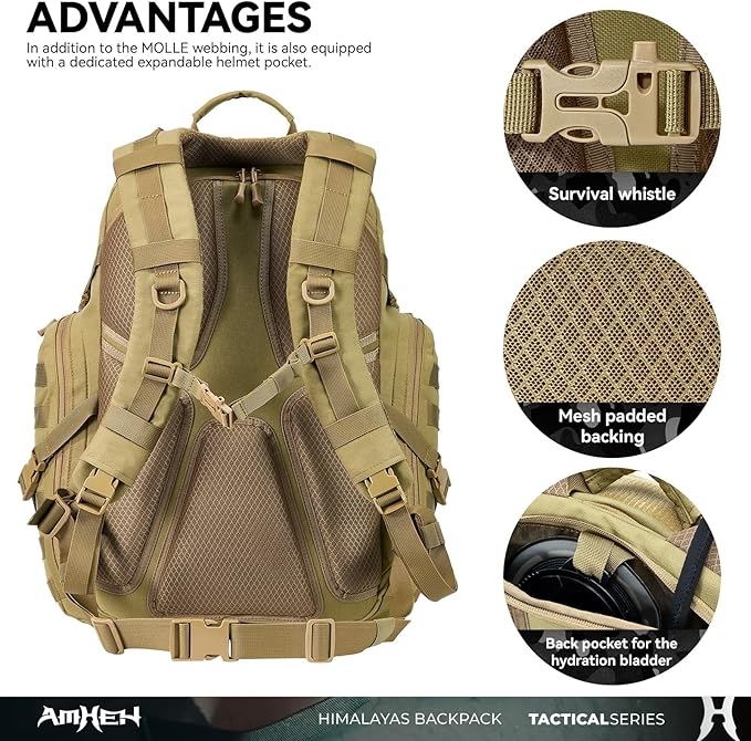 AMHEH 52L Tactical Backpack - 1050D 72 Hour Bug Out, 17" Laptop Compartment, Helmet Pocket and MOLLE for Survival Emergency (Tan)