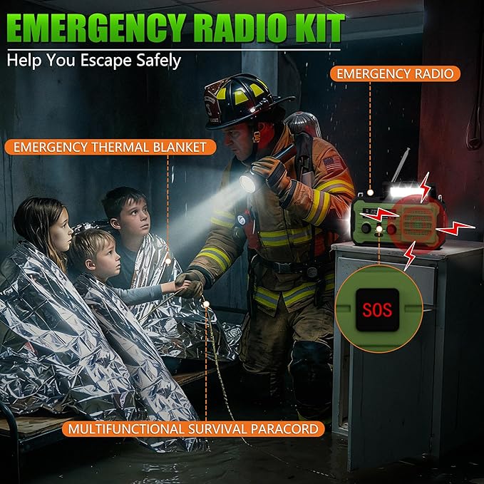 Emergency Radio Hand Crank Solar, 10000mAh/37000mWh Emergency Weather Radio, Hand Crank Solar Radios with NOAA/AM/FM, Thermal Blanket, Survival Bracelet, for Home & Outdoor