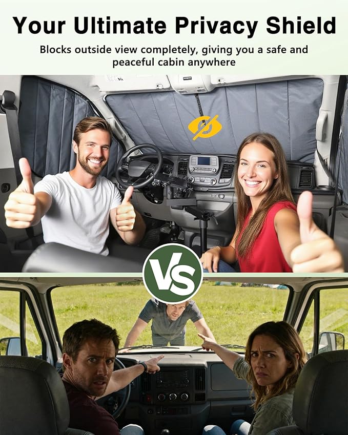 Insulated Blackout Windshield Cover for Privacy & Sun Protection, All-Season Van Life Camping Window Shade, Fit for Ford Transit 150 250 350 Medium/High Roof 2015-2025, Gray