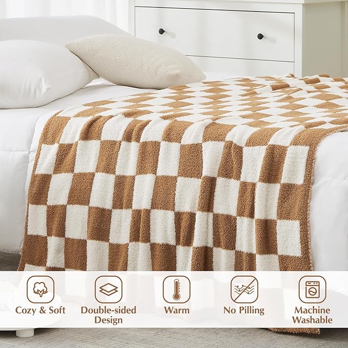 WRENSONGE Fall Checkered Throw Blanket, Burnt Orange Soft Cozy Fluffy Warm Hand Made Throw Blankets for Couch, Sofa, Chair, Bed, Camping, Picnic, Travel Lightweight Bed Blanket - 50"*60"
