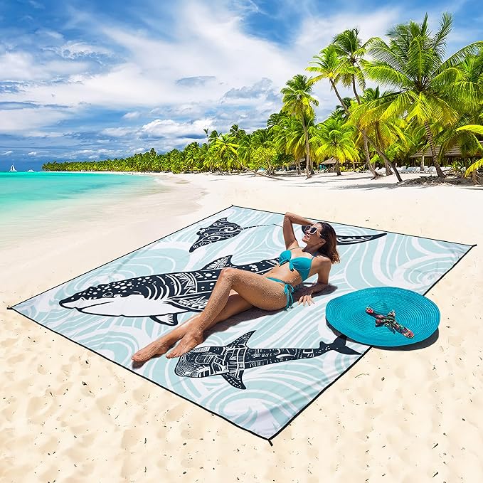 HIHOHO Beach Blanket Waterproof Sandproof Beach Mat 79”x 83” for 1-8 Adults Quick Drying Durable Outdoor Picnic Mat for Beach Festival Travel Camping Hiking (Shark, 79"×83"(4 Person))