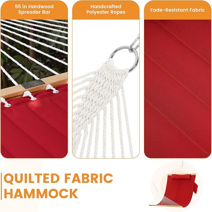 Lazy Daze Hammocks 2 Person Double Quilted Fabric Hammock with Spreader Bar, Detachable Pillow, Side Pocket, Carabiners, Chains, Straps for Outdoor, 450lbs Capacity, Burgundy