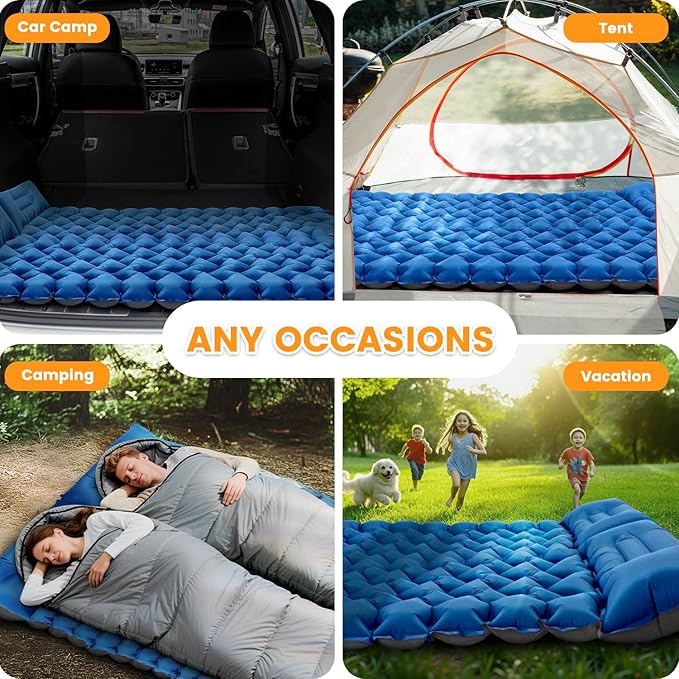 Double Sleeping Pad for Camping, 4in Extra-Thick with Built-in Foot Pump & Pillow, Compact 2 Person Ultralight Camp Air Mattress for Backpacking, Hiking, Tent, Car, Travel, Gift