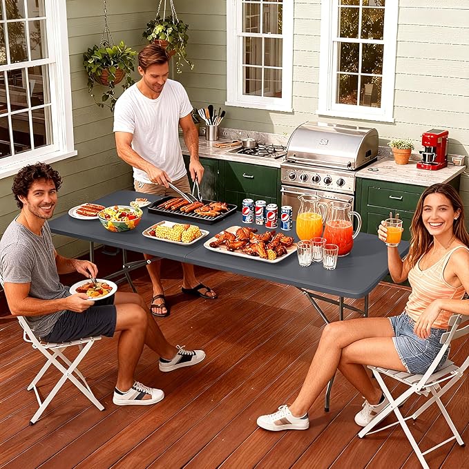 FDW 6 Foot Folding Table, Portable Plastic Table with Carrying Handle Perfect for Indoor, Outdoor, Party, Dining, Wedding, Events, Camping, Grey