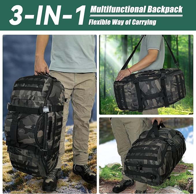 Hannibal Tactical 65L Large Duffle Bag, 3-in-1 Tactical Backpack MOLLE Pack for Sports, Gym, Outdoor, Black Camo