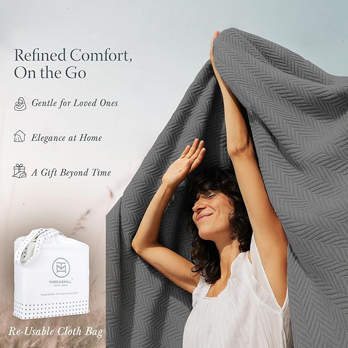Threadmill Luxury Cotton Blankets for Twin Size Bed | All-Season 100% Cotton Twin Blanket for Bed | Herringbone Soft & Cozy Fall Thermal Blanket, 350GSM, 68x92 inches | Dark Grey