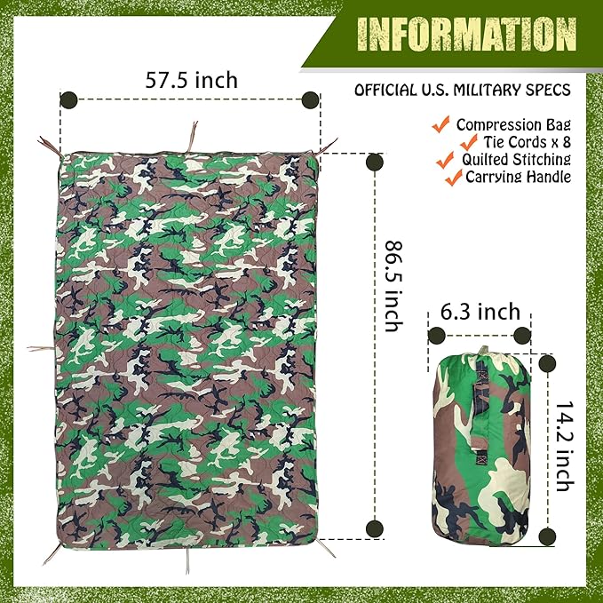 Lenotos Woobie Blanket, Thermal Insulated Military Poncho Liner, Water-Resistant, Portable, Insulation, for Hiking, Survival with Compression Carry Bag (Forest)